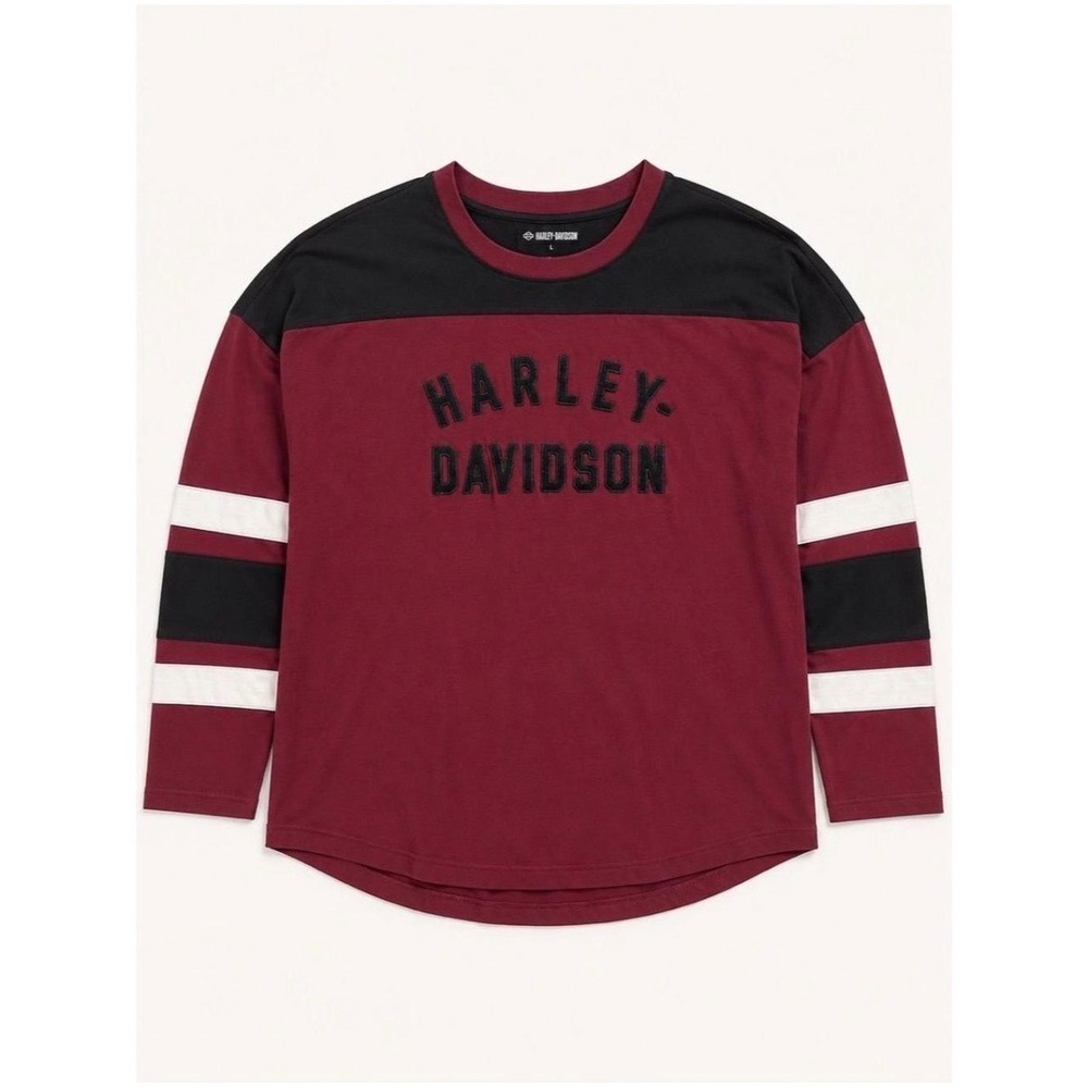 Harley Davidson Boxy Burgundy Black Colorblock Long Sleeve Cotton T-Shirt XL
